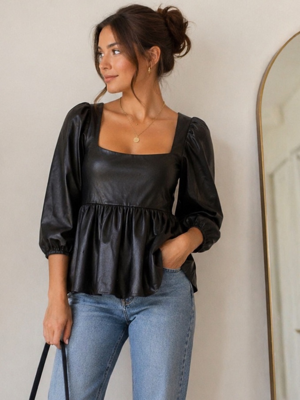 entro Black Faux Leather Peplum Blouse with Puff Sleeves